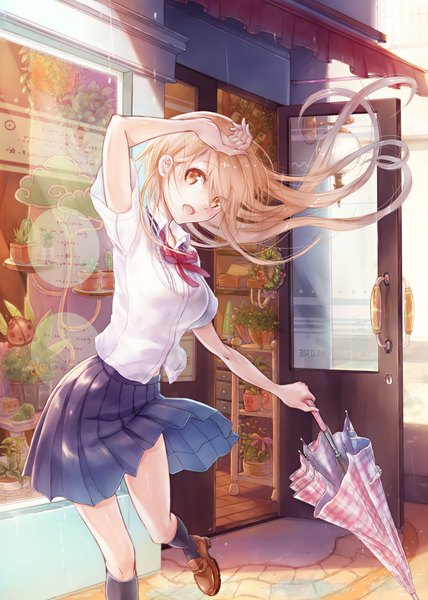 Anime picture 1583x2220 with original lira mist single long hair tall image looking at viewer blush open mouth brown hair brown eyes closed umbrella girl plant (plants) socks black socks umbrella t-shirt