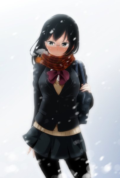 Anime picture 1000x1481 with haikyuu!! production i.g shimizu kiyoko kazuo daisuke single long hair tall image blush breasts black hair simple background smile large breasts standing white background pleated skirt wind grey eyes snowing winter