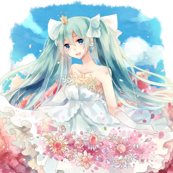 Anime picture 1200x1200 with vocaloid hatsune miku nekona3694 single blue eyes twintails cloud (clouds) very long hair aqua hair girl dress gloves flower (flowers) crown