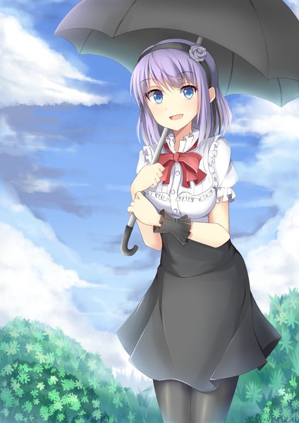 Anime picture 1648x2330 with dagashi kashi feel (studio) shidare hotaru rizalx single long hair tall image looking at viewer fringe open mouth blue eyes sky purple hair cloud (clouds) girl skirt bow plant (plants) pantyhose umbrella