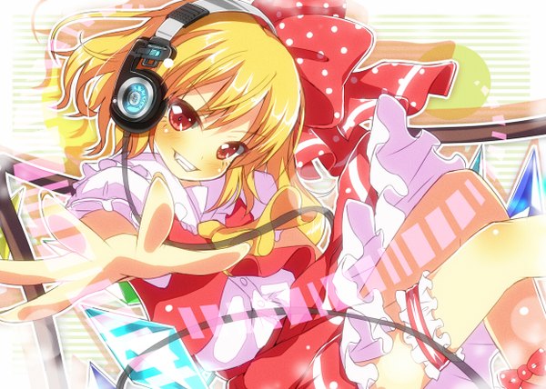 Anime picture 1242x888 with touhou flandre scarlet yuimari single long hair looking at viewer blush blonde hair red eyes one side up grin polka dot outstretched hand girl skirt ribbon (ribbons) hair ribbon shirt wings frills