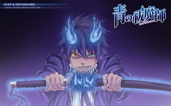 Anime picture 1000x619 with ao no exorcist a-1 pictures okumura rin staf93 single short hair open mouth blue eyes smile wide image purple hair inscription orange eyes heterochromia coloring magic purple background boy weapon sword