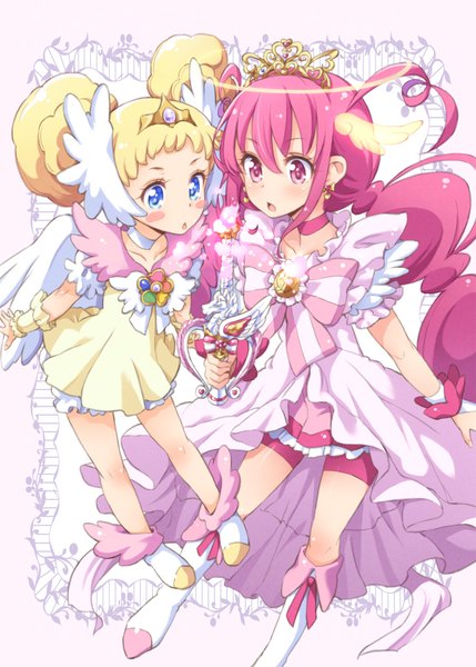 Anime picture 722x1010 with precure smile precure! toei animation hoshizora miyuki cure happy candy (smile precure!) royal candy tokunou shoutarou long hair tall image blush fringe short hair open mouth blue eyes blonde hair hair between eyes twintails multiple girls looking away