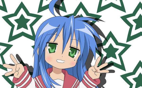 Anime picture 1920x1200 with lucky star kyoto animation izumi konata single long hair looking at viewer fringe highres hair between eyes green eyes blue hair ahoge upper body mole shadow mole under eye girl star (symbol)