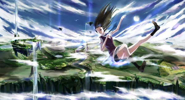 Anime picture 1500x811 with original kikivi long hair black hair wide image purple eyes sky cloud (clouds) landscape scenic river falling waterfall lake abstract girl uniform school uniform animal water
