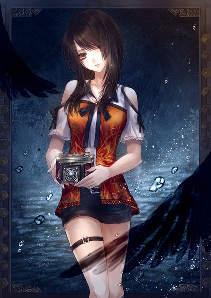 Anime picture 620x876 with fatal frame fatal frame 5 kozukata yuuri yusa single long hair tall image looking at viewer fringe brown hair standing bare shoulders holding brown eyes head tilt hair over one eye bare legs floral print framed black wings