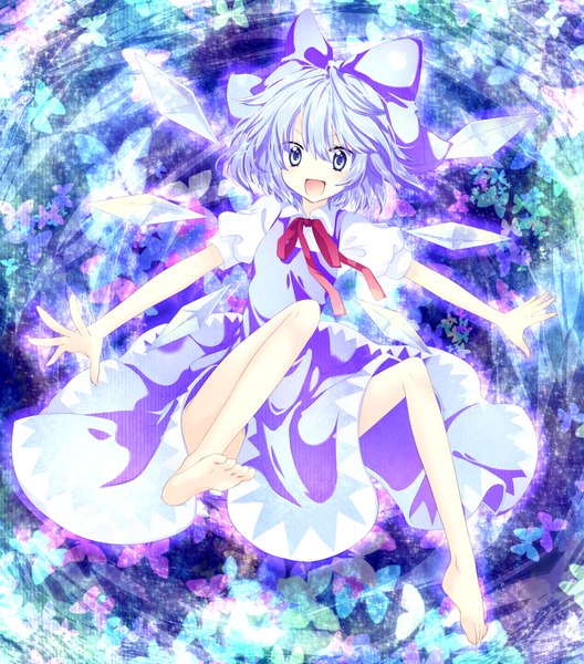 Anime picture 1760x2000 with touhou cirno riichu single tall image highres short hair open mouth blue eyes smile blue hair barefoot girl dress bow ribbon (ribbons) hair bow wings