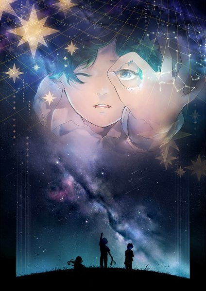 Anime picture 867x1227 with original sanrindou long hair tall image short hair standing sitting sky one eye closed wink night multiple boys night sky looking up zoom layer silhouette constellation milky way meteor rain girl