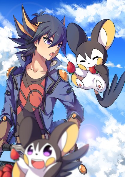 Anime picture 2124x3000 with pokemon yu-gi-oh! nintendo emolga fudou yusei fudou yuusei transistor (poppy) single tall image highres short hair open mouth black hair purple eyes looking away sky cloud (clouds) multicolored hair two-tone hair crossover