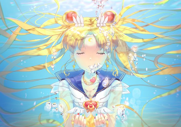 Anime picture 1200x847 with bishoujo senshi sailor moon toei animation tsukino usagi sailor moon cherinova single blonde hair twintails eyes closed very long hair wavy hair underwater girl hair ornament bubble (bubbles) sailor suit