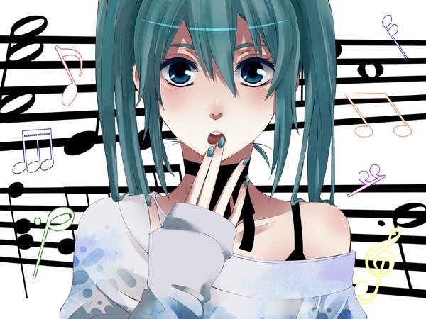 Anime picture 1290x968 with vocaloid hatsune miku anna-o (artist) single open mouth blue eyes bare shoulders nail polish green hair music girl