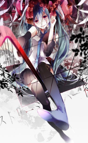 Anime picture 800x1287 with vocaloid hatsune miku reika (artist) single long hair tall image fringe breasts smile red eyes sitting twintails pleated skirt lips aqua hair wide sleeves tears alternate color bloody tears girl