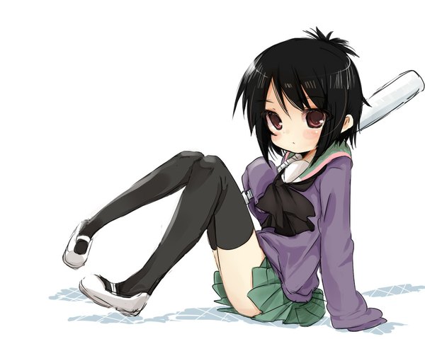 Anime picture 1024x819 with a channel ichii tooru single blush short hair black hair simple background red eyes white background sitting long sleeves loli girl thighhighs skirt uniform black thighhighs school uniform shoes sweater