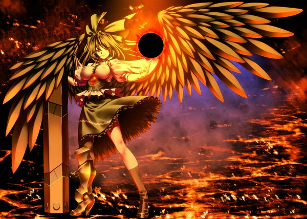 Anime picture 2000x1429 with touhou reiuji utsuho tro single long hair looking at viewer fringe highres breasts light erotic black hair smile red eyes nipples arm cannon girl hair ornament weapon wings socks