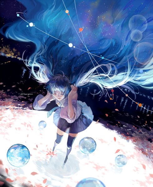 Anime picture 818x1000 with vocaloid hatsune miku tang elen single tall image open mouth twintails eyes closed very long hair aqua hair see-through silhouette girl thighhighs skirt black thighhighs petals necktie planet