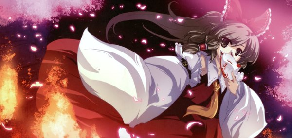 Anime picture 3500x1662 with touhou hakurei reimu tokiame single long hair looking at viewer highres open mouth brown hair wide image brown eyes night cherry blossoms miko girl bow hair bow detached sleeves petals fox mask