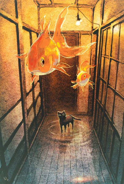 Anime picture 676x1000 with original yukari tall image indoors reflection looking up no people surprised animal cat fish (fishes)