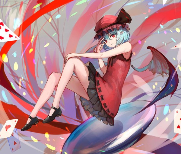 Anime picture 1641x1395 with touhou remilia scarlet sishenfan single looking at viewer fringe short hair smile hair between eyes red eyes blue hair full body bent knee (knees) pointy ears alternate costume sleeveless outstretched arm demon girl demon wings hand on knee