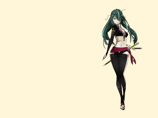 Anime picture 1500x1125 with tagme (artist) single long hair looking at viewer fringe simple background bare shoulders green eyes hair over one eye aqua hair midriff pale skin lacing girl thighhighs navel hair ornament black thighhighs sword katana
