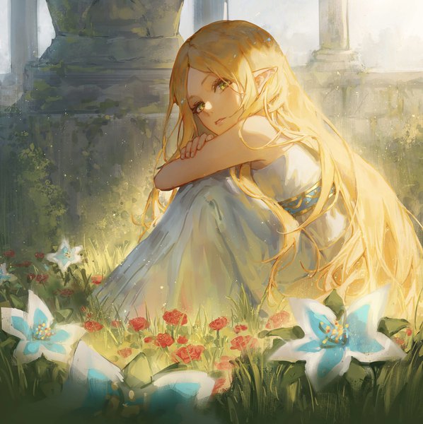 Anime picture 2708x2715 with the legend of zelda nintendo princess zelda zieru single long hair tall image looking at viewer fringe highres blonde hair sitting green eyes outdoors parted lips pointy ears girl dress flower (flowers) plant (plants)