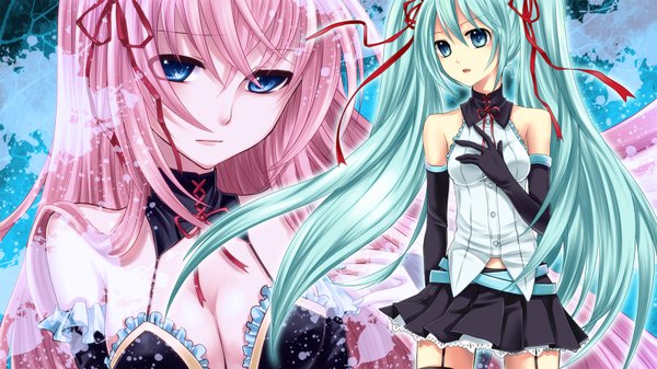 Anime picture 1600x900 with vocaloid hatsune miku megurine luka yayoi (egoistic realism) long hair blue eyes wide image multiple girls pink hair green hair girl gloves ribbon (ribbons) 2 girls elbow gloves