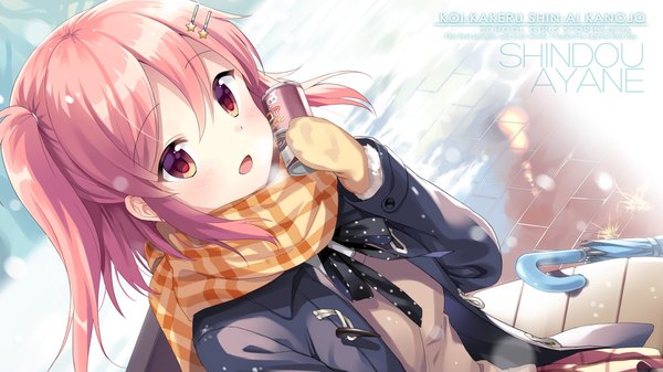 Anime picture 1920x1080 with koi kakeru shin-ai kanojo us:track (studio) shindou ayane kurasawa moko single looking at viewer fringe highres short hair open mouth smile hair between eyes red eyes wide image sitting holding payot pink hair outdoors long sleeves