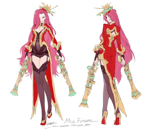 Anime picture 2000x1749 with league of legends miss fortune (league of legends) loiza single long hair fringe highres breasts light erotic simple background smile standing white background green eyes pink hair from behind hair over one eye girl thighhighs weapon