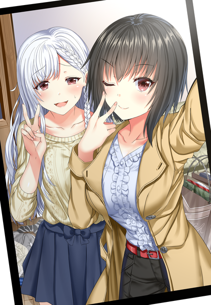 Anime picture 2514x3624 with original neeko neeko's sister arudehido long hair tall image looking at viewer blush fringe highres short hair open mouth black hair smile multiple girls brown eyes silver hair indoors braid (braids) pleated skirt