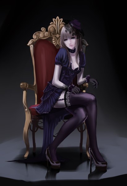 Anime picture 2400x3500 with original red flowers single long hair tall image looking at viewer highres sitting grey hair black eyes crossed legs lolita fashion goth-loli gothic girl thighhighs dress gloves black thighhighs hat