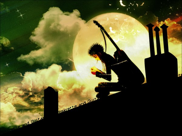 Anime picture 1280x960 with nana madhouse osaki nana cloud (clouds) night smoking moon star (stars) feather (feathers) full moon musical instrument guitar roof