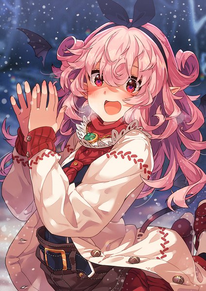 Anime picture 849x1200 with original recri (narumi arata) narumi arata single long hair tall image blush fringe open mouth hair between eyes looking away pink hair outdoors tail :d pink eyes pointy ears blurry depth of field snowing