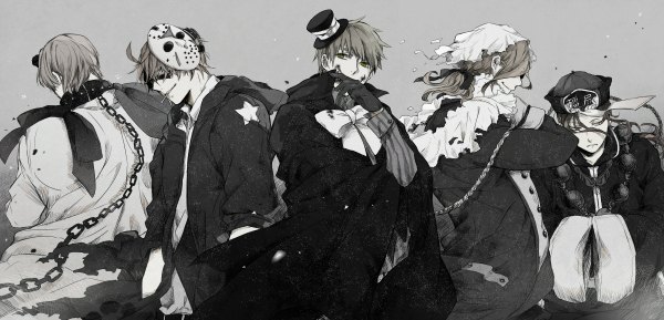 Anime picture 1200x578 with axis powers hetalia studio deen united kingdom (hetalia) russia (hetalia) china (hetalia) france (hetalia) nigou (kakure28) long hair short hair brown hair wide image looking away multiple boys back halloween mask on head star print boy gloves bow