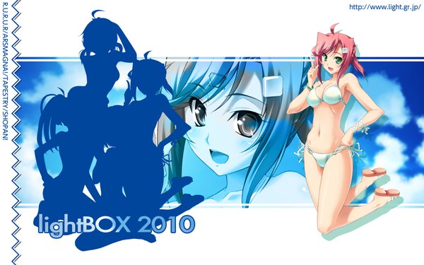 Anime picture 1920x1200 with original izumi mahiru highres open mouth wide image green eyes ahoge red hair zoom layer silhouette girl swimsuit bikini