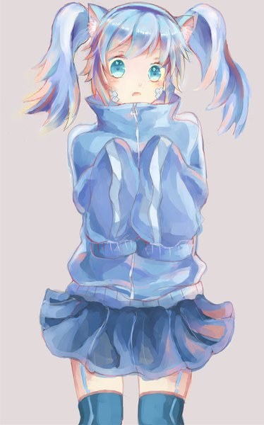 Anime picture 1463x2348 with kagerou project shaft (studio) ene (kagerou project) tagme (artist) single tall image looking at viewer blush open mouth simple background standing animal ears blue hair long sleeves pleated skirt multicolored hair cat ears grey background skirt lift surprised