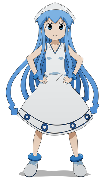 Anime picture 1280x2121 with shinryaku! ika musume ika musume single long hair tall image blue eyes blue hair transparent background hands on hips girl dress hat bracelet
