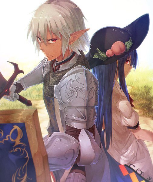 Anime picture 861x1023 with touhou final fantasy xi hinanawi tenshi elvaan buront ibuki notsu long hair tall image looking at viewer fringe short hair smile red eyes standing holding blue hair white hair pointy ears back to back crossover