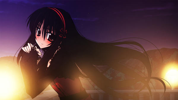 Anime picture 1280x720 with nemureru hana wa haru o matsu (game) long hair blush black hair red eyes wide image game cg night girl