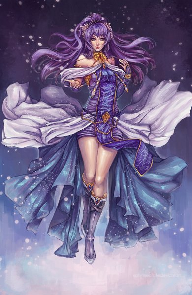 Anime picture 800x1231 with original abigail diaz single long hair tall image looking at viewer smile standing purple eyes purple hair ponytail light smile lips realistic outstretched arm snowing snow leg lift (legs lift) silver eyes purple background