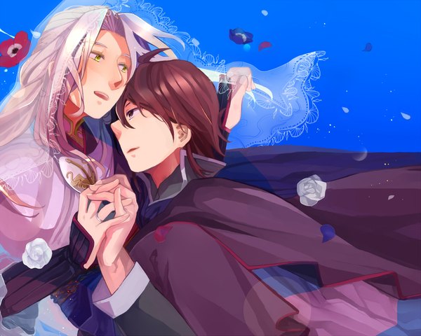 Anime picture 2000x1601 with legend of the legendary heroes zexcs ryner lute sion astal jinmasin long hair blush highres short hair open mouth brown hair yellow eyes silver hair white hair braid (braids) holding hands shounen ai boy flower (flowers) petals