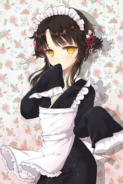 Anime picture 640x960 with sword girls sita vilosa bittersweet (dalcoms) single tall image blush fringe short hair brown hair standing yellow eyes long sleeves arm up wide sleeves shadow hair bun (hair buns) floral print arched back covered mouth wa maid