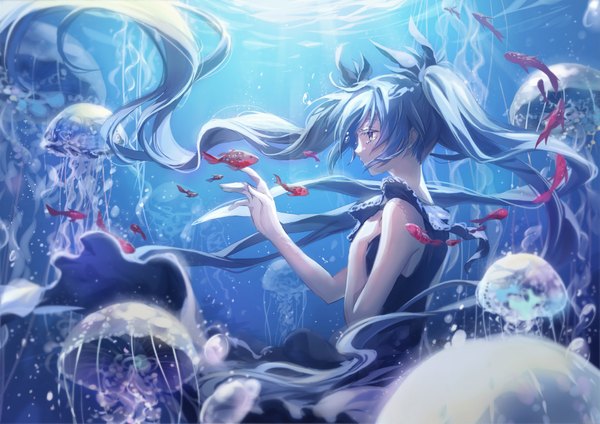 Anime picture 990x700 with vocaloid shinkai shoujo (vocaloid) hatsune miku ouu min single blue eyes twintails payot blue hair looking away upper body very long hair profile tears floating hair hand on chest underwater girl dress animal