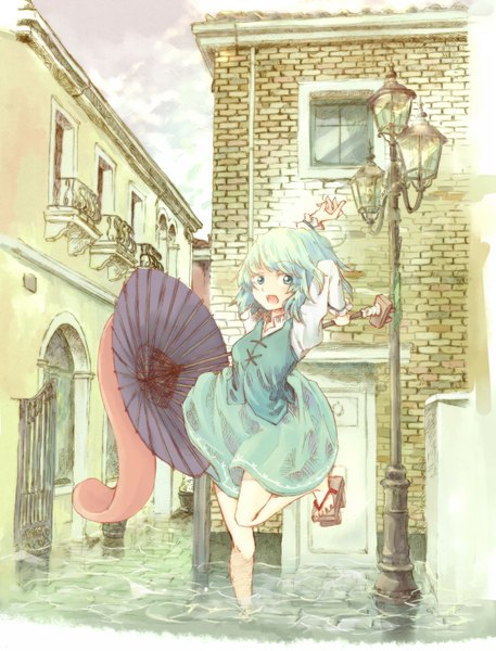 Anime picture 1133x1488 with touhou tatara kogasa rl (artist) single tall image blush short hair open mouth blue eyes blue hair looking away sky arms behind head street girl dress water tongue building (buildings) umbrella
