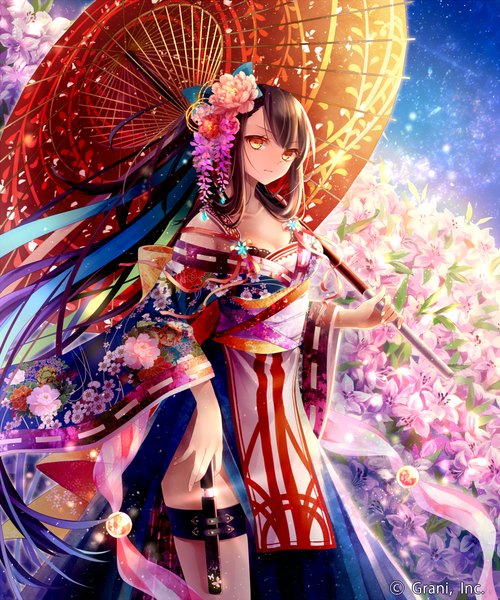 Anime picture 800x960 with shingoku no valhalla gate haruta (pixiv 1088207) single tall image looking at viewer black hair yellow eyes very long hair traditional clothes japanese clothes hair flower girl hair ornament flower (flowers) ribbon (ribbons) petals kimono umbrella oriental umbrella kanzashi