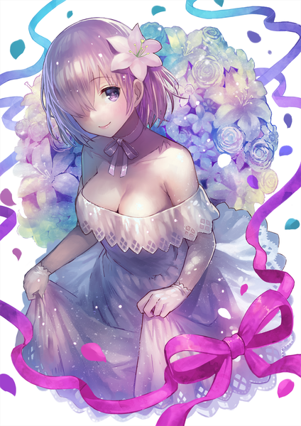 Anime picture 1500x2122 with fate (series) fate/grand order mash kyrielight mash kyrielight (formal dress) terai (teraimorimori) single tall image looking at viewer fringe short hair breasts light erotic large breasts purple eyes purple hair head tilt hair flower hair over one eye sparkle official alternate costume