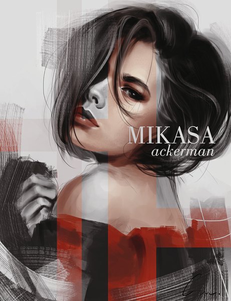 Anime picture 692x900 with shingeki no kyojin production i.g mikasa ackerman e-mphasis single tall image looking at viewer fringe short hair black hair simple background bare shoulders brown eyes lips hair over one eye realistic inscription character names monochrome girl