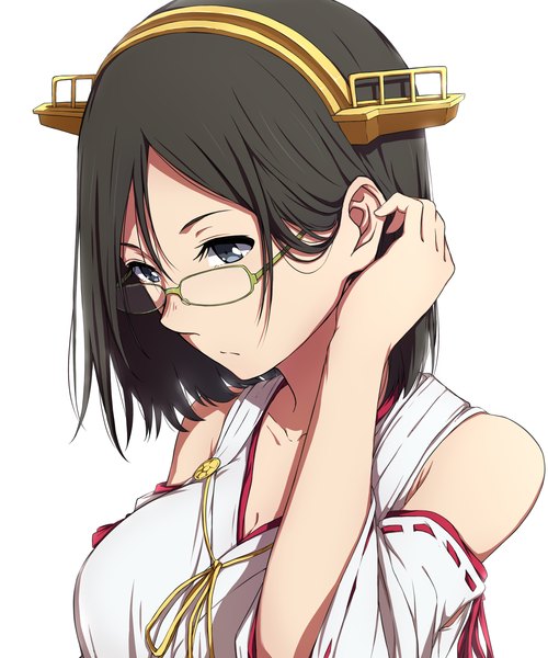 Anime picture 1459x1751 with kantai collection kirishima battleship sblack single tall image short hair blue eyes black hair white background bare shoulders looking away nontraditional miko girl hair ornament glasses