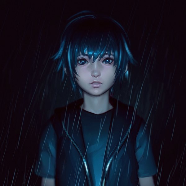 Anime picture 1080x1080 with final fantasy final fantasy xv square enix noctis lucis caelum ilya kuvshinov single looking at viewer fringe blue eyes hair between eyes payot blue hair upper body ahoge parted lips lips realistic short sleeves dark background rain