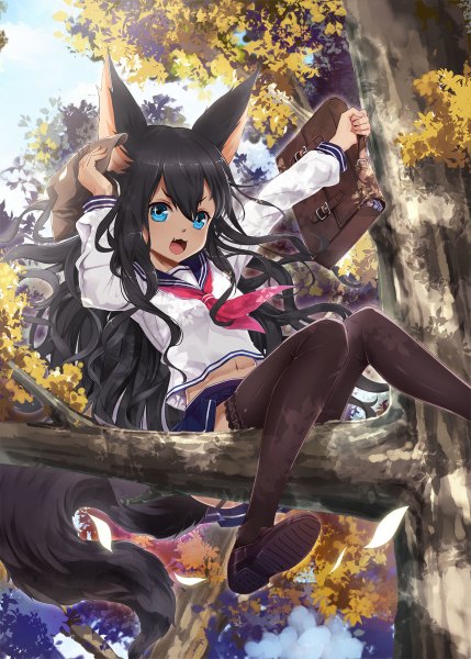 Anime picture 858x1200 with original wait (artist) single long hair tall image looking at viewer open mouth blue eyes black hair animal ears tail animal tail girl thighhighs uniform black thighhighs plant (plants) tree (trees) serafuku leaf (leaves)