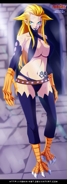 Anime picture 1000x2716 with fairy tail kyouka (fairy tail) iitheluciferii single long hair tall image breasts light erotic blonde hair smile large breasts aqua eyes lips sunlight inscription tattoo copyright name lipstick coloring letterboxed