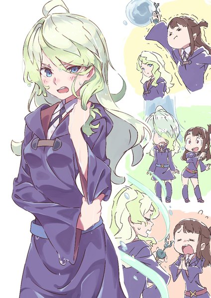 Anime picture 826x1169 with little witch academia studio trigger kagari atsuko diana cavendish tama (tama-s) long hair tall image blush fringe open mouth blue eyes blonde hair simple background brown hair multiple girls magic wet clothes surprised multiple persona trembling